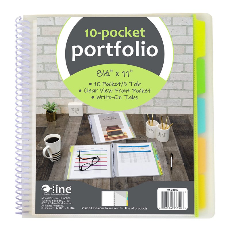 C-Line 10-Pocket Poly Portfolio with Write-on Tabs, Spiral-Bound, 5-Tab, Clear with Assorted Color Tabs, 1 Each (33650) - Image 4